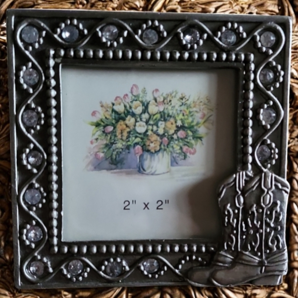 Vtg Western Rhinestone Cowgirl Cowboy Boot Picture Frame 2x2 Pewter Black Silver